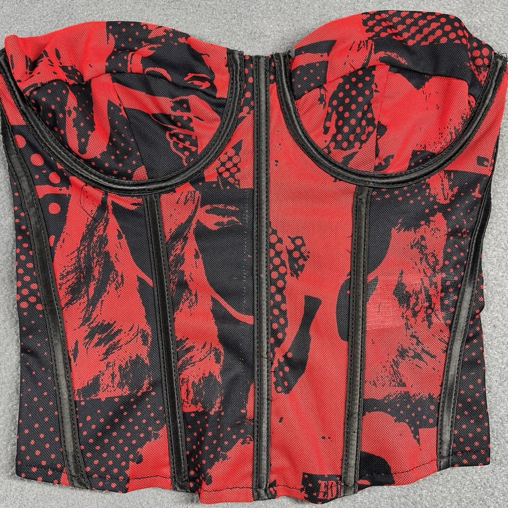 Edikted Women Corset Top Red Black Graphic Mesh Small Grunge Y2K Streetwear